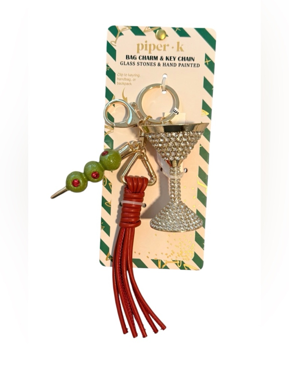 Gold Rhinestone Martini Bag Charm with Red Tassel and Green Olive Accent